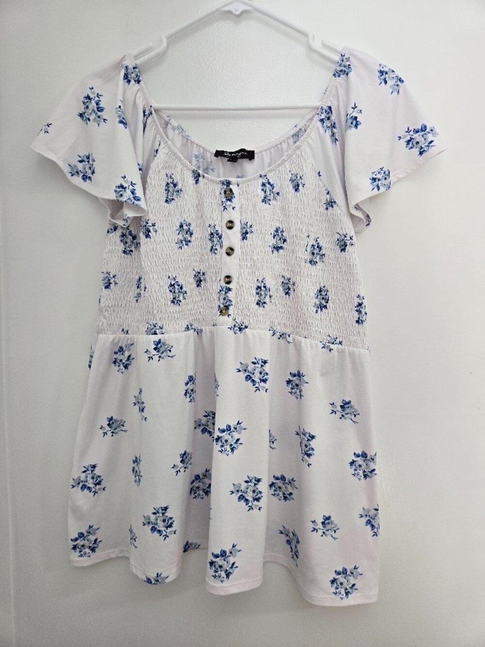 Lily Morgan Women's Size-L White Blue Floral Short Sleeve Ruched Blouse